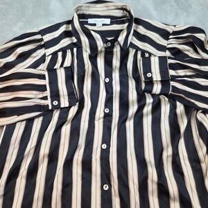 Haver + Blair Striped Button Down Blouse Women Large Black Cream Tan